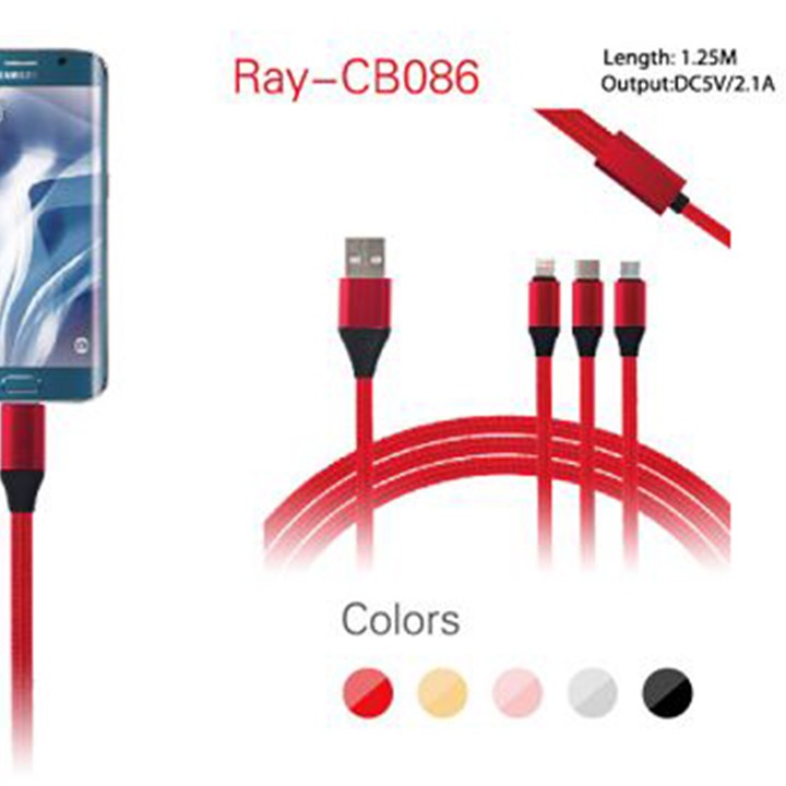 Cáp USB 3 in 1 Đa Năng, Sạc Nhanh Tốc Độ Cao DC5V 2.1A Cho Iphone Và ĐTDĐ Android / Type C Ray-CB086 (XTM – CAP3in1)