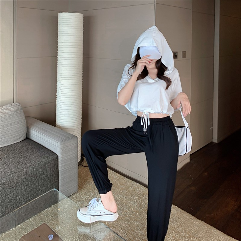 Set áo thun hoodie có nón croptop tay ngắn cổ V rút dây hở lưng + quần dài lưng cao thun ôm bo cổ chân ulzzang ( 2 màu )