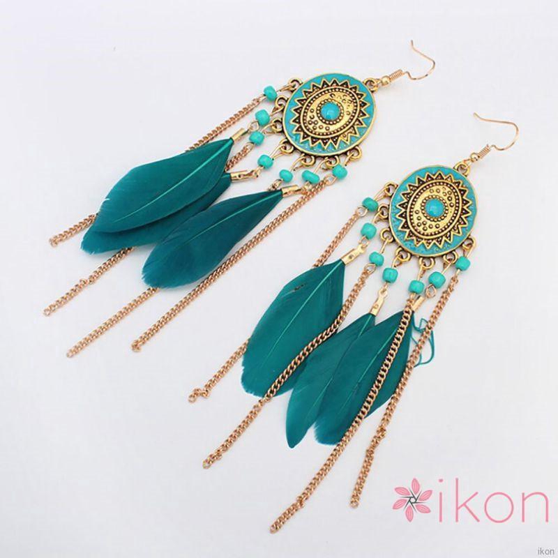 Women Vintage Ethnic Style Fringed Feather Tassel Earrings Bohemian Jewelry