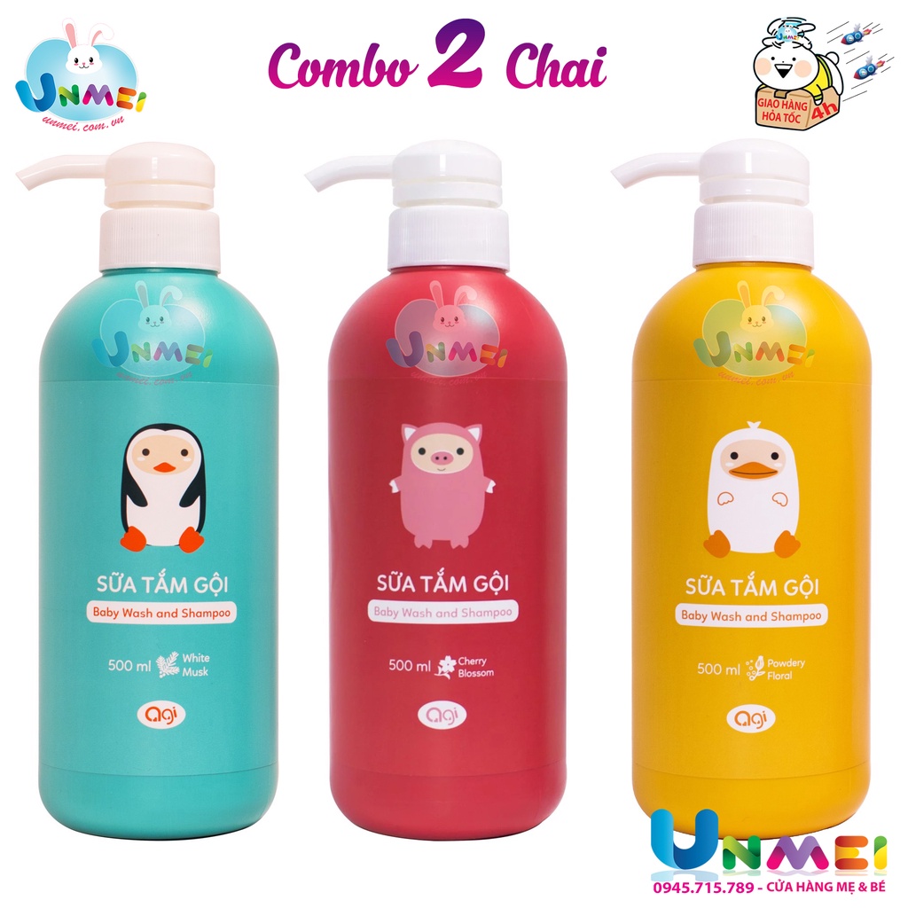 Bộ 2 Chai Sữa Tắm Gội Agi Hàn Quốc cho Bé từ 1 tuổi - 500ml - Đỏ (hương Anh Đào), Vàng (hương Phấn), Xanh (Hương Hoa Cỏ)