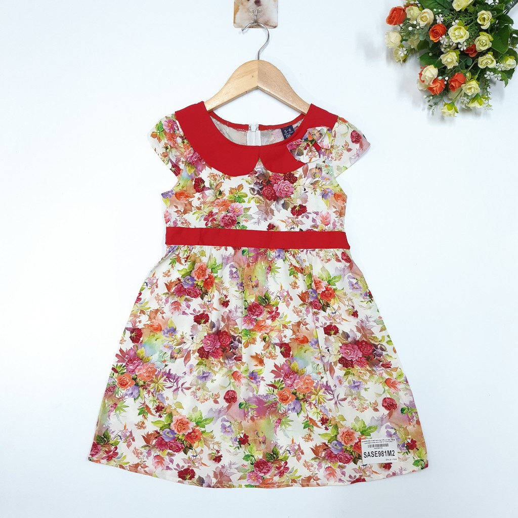 DG59-V-06 Váy bé gái tay con, họa tiết hoa lá, vải chất đũi mềm mịn, thoáng mát, thắng eo cổ sen có nơ, size 12-16kg