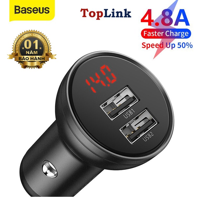 Tẩu Sạc Điện Thoại Mini Baseus Trên Xe Hơi, Củ Sạc Nhanh Ô Tô 2 Cổng USB 24W / 4.8A - TopLink