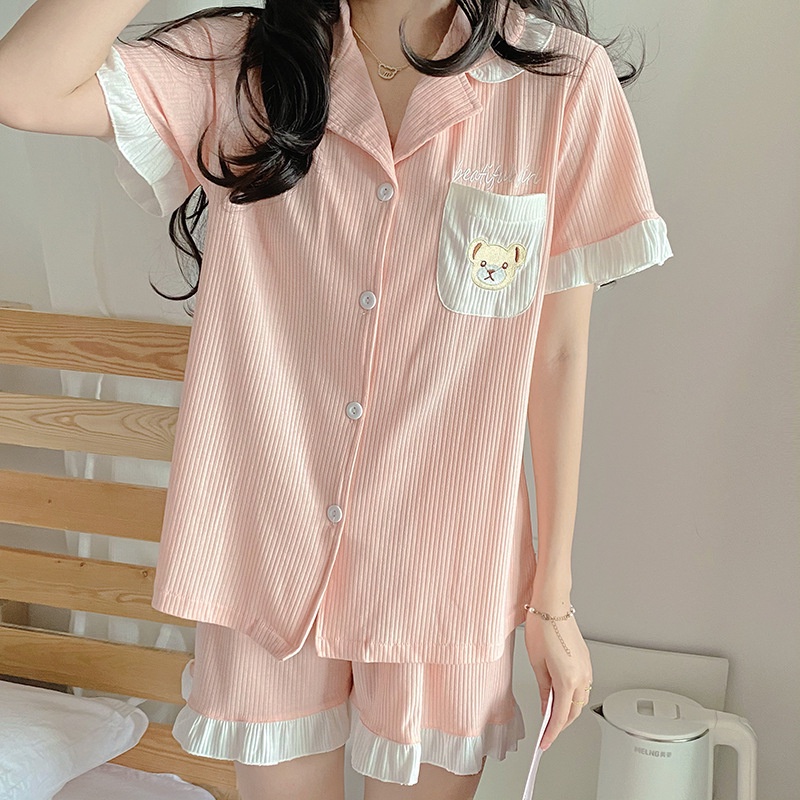 Đồ bộ nữ mặc nhà pijama tay ngắn cotton sợi tre cao cấp viền bèo dễ thương - CTN3