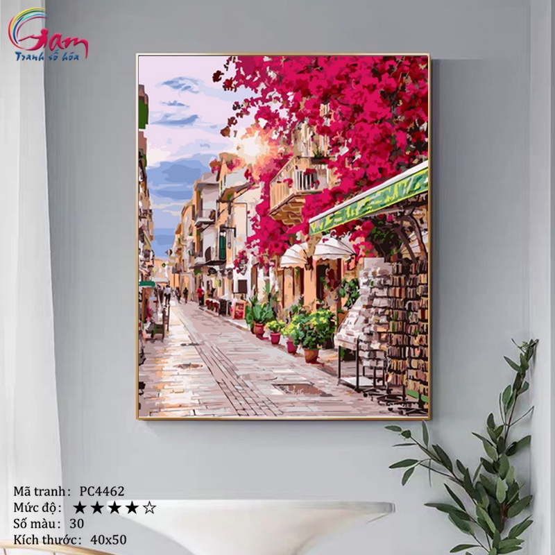 Tranh sơn dầu số hoá tự tô màu Gam phong cảnh làng cổ Châu Âu PC4462 40x50cm căng khung