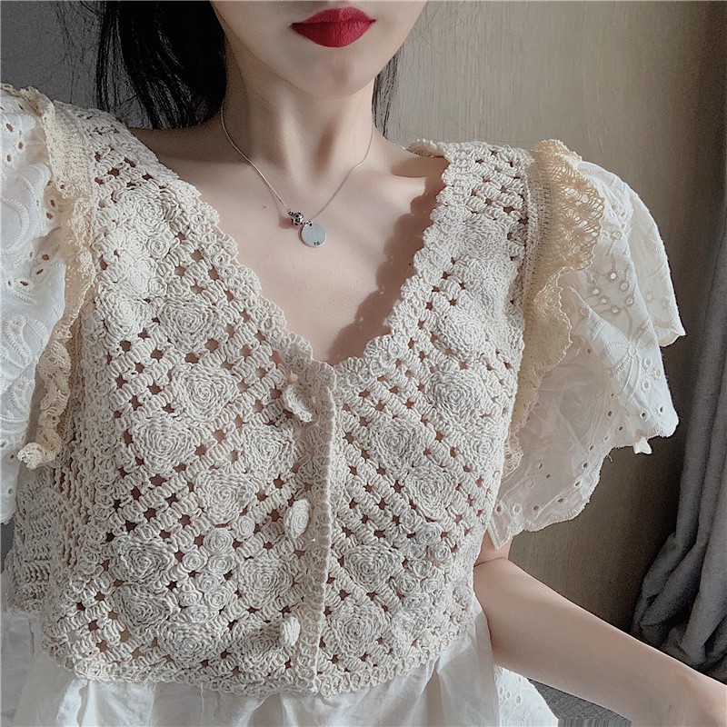 (CÓ SẴN) Áo nữ Phiên bản Hàn Quốc của crochet ren thêu hoa sen hàng rào V-cổ áo len rỗng áo nữ (Kèm ảnh thật)
