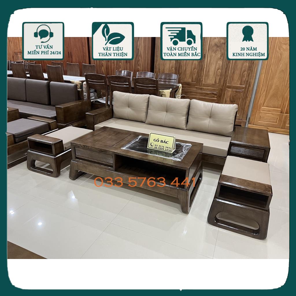 Bộ ghế sofa phòng khách văng dài 2m3 gỗ sồi nga 100% 3 món gồm 1 văng sofa và 1 bàn trà sofa và 1 đôn ngồi .