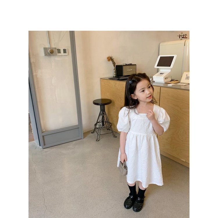 Đầm Cotton Trắng Cổ Vuông Dập Nổi Họa Tiết Búp Bê Thời Trang Mùa Hè Cho Bé Gái