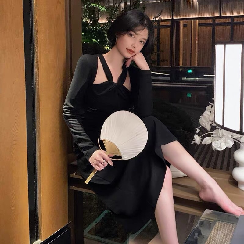Đầm yếm đắp chéo tay liền và tay rời kèm đai ( sẵn be S M )