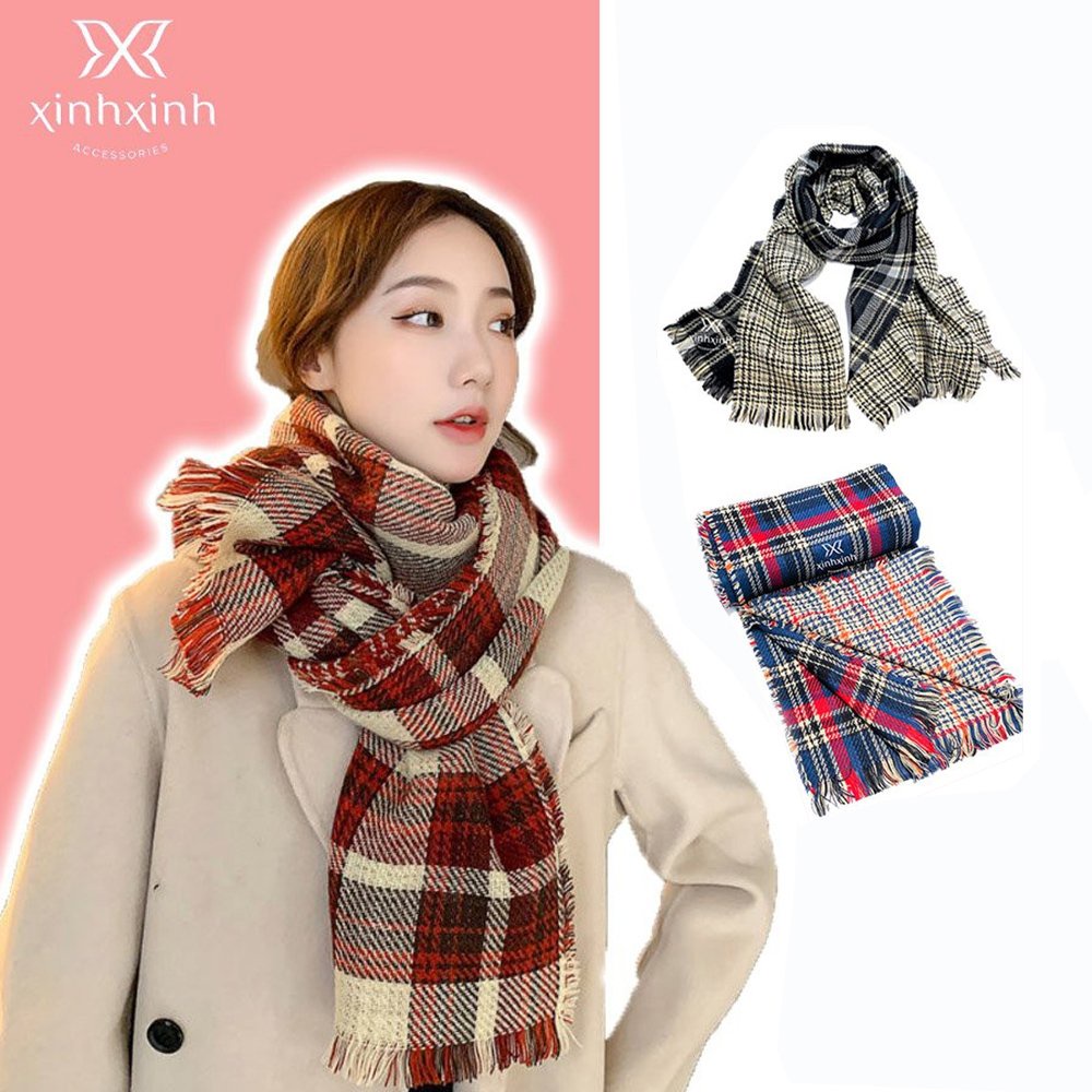 Khăn quàng cổ nữ chất liệu len dạ kẻ caro, kẻ 2 mặt, khăn choàng cổ phong cách vintage Hàn Quốc Xinh Xinh Accessories