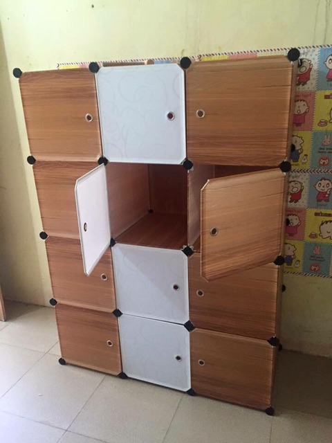 Tủ lắp ghép 12 +3 o giày vân gỗ Size sâu 47cm. Tặng 2 móc treo đồ.