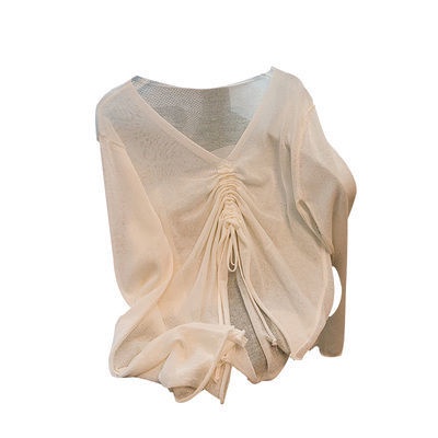 Áo Dệt Kim Tay Loe Cổ Chữ V Phối Dây Rút Màu Trong Suốt Thời Trang Cho Nữ