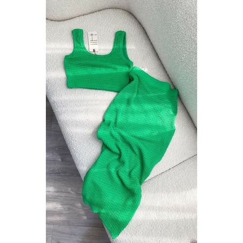 CHUMIAO Store - Set xốp len dệt áo croptop cổ U chân váy midi bút chì ôm body