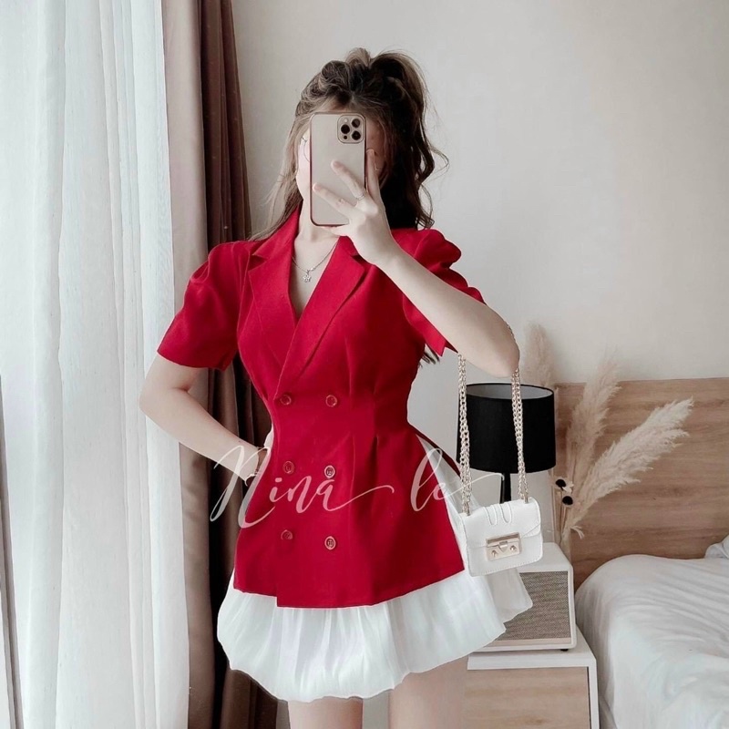 [FREESHIP] Set áo kiểu vest đỏ tay ngắn phối chân váy tơ phồng đen sang xịn mịn mặc Noel Tết | BigBuy360 - bigbuy360.vn