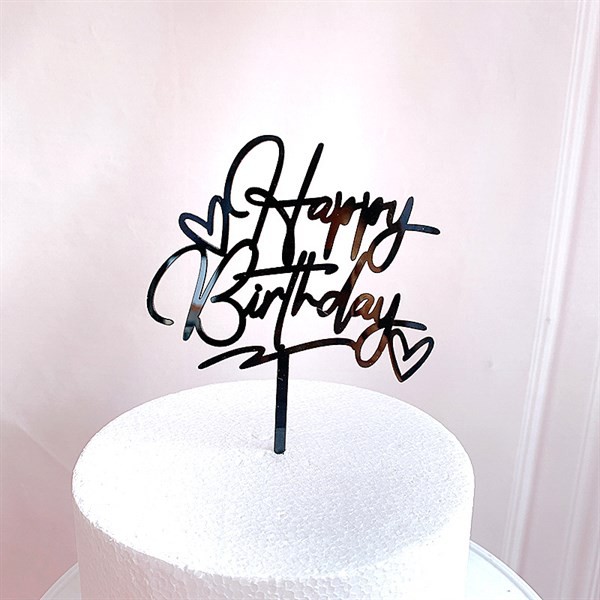 Que topper HPBD mica chữ uốn + 2 tim đen_Phụ kiện trang trí bánh sinh nhật