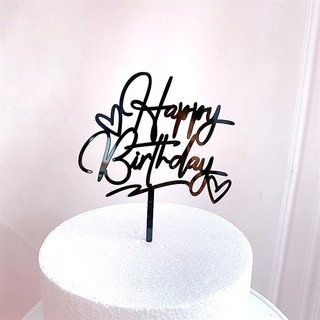 Que topper HPBD mica chữ uốn + 2 tim đen_Phụ kiện trang trí bánh sinh nhật