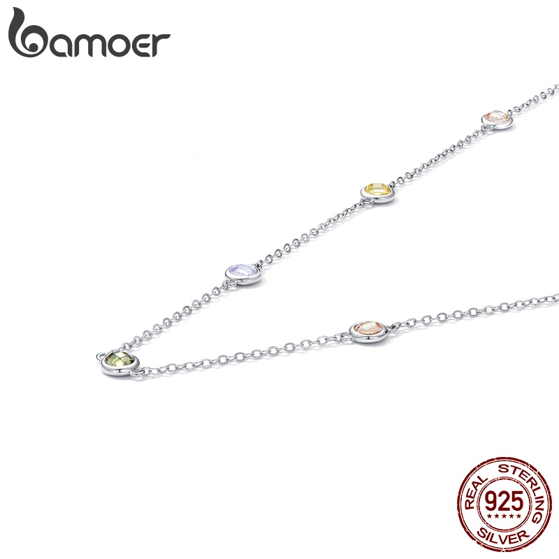 Dây chuyền BAMOER bạc 925 mặt thủy tinh tròn 7 màu sắc có thể điều chỉnh thời trang cho nữ