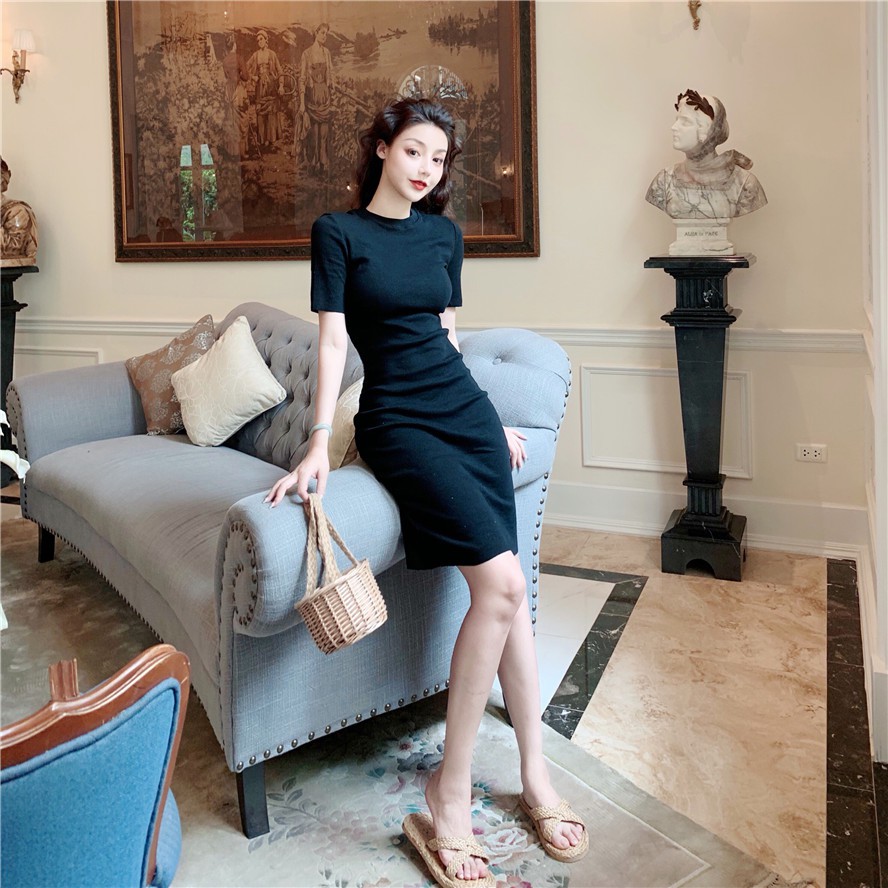 Xiaozhainv Đầm Body Tay Ngắn Màu Trơn Thiết Kế Ôm Sát Tôn Dáng Cho Nữ