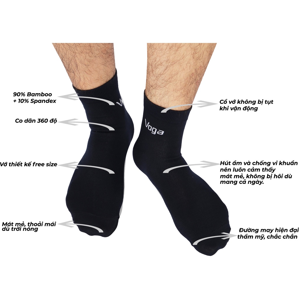 Set 3 đôi tất vớ nam Voga cổ trung sợi tre Bamboo êm chân, mát mẻ, hút ẩm, khử mùi