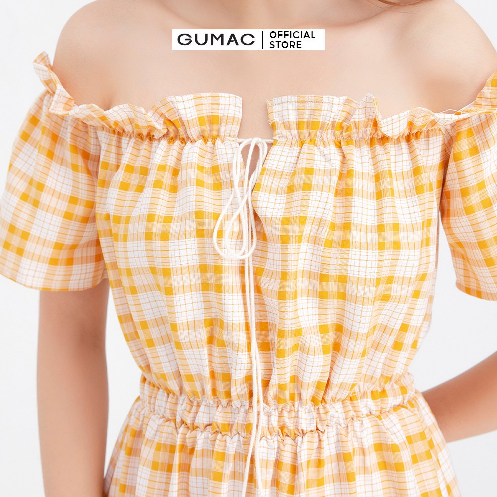 [Mã MABR07062 giảm 8% tối đa 50K đơn từ 249K] Đầm xòe nữ trễ vai caro GUMAC DB691 | BigBuy360 - bigbuy360.vn