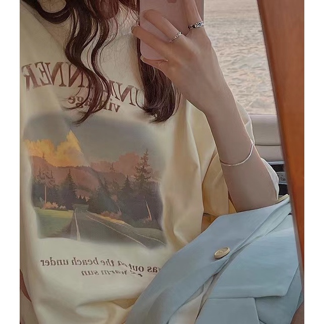 Beryl🌻Áo phông nữ 🌼Áo thun tay ngắn in màu vàng kem phong cách Hàn Quốc Oversize