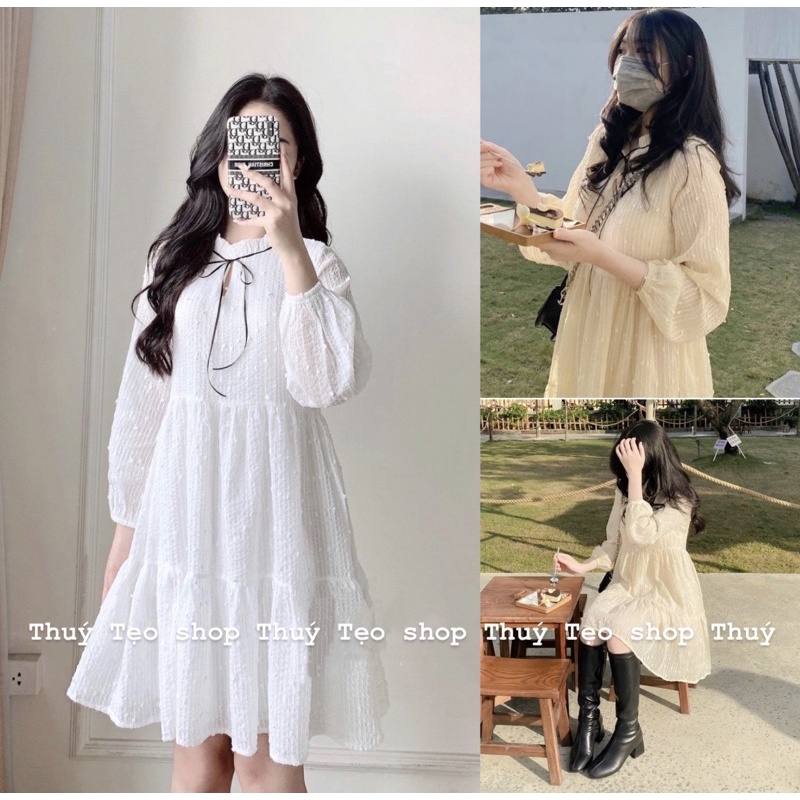 [Hàng sẵn] VÁY BABYDOLL NỮ DÀI TAY CHẤT TƠ HẠT GẠ0 NỔI HAI LỚP XINH XẮN