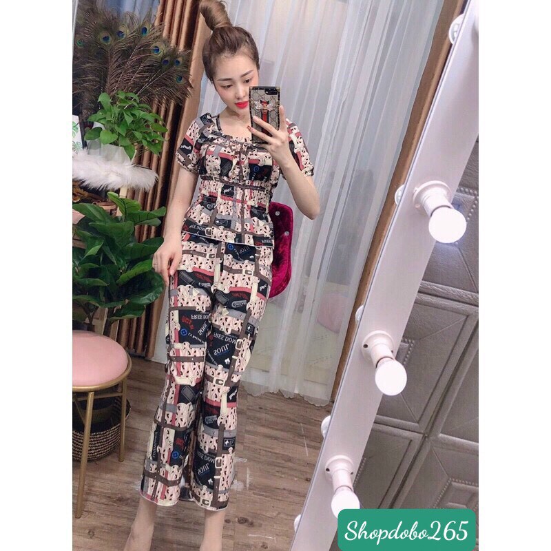 Đồ bộ nữ,đồ ngủ mặc nhà vải lụa họa tiết mắt xích size 45-57kg.