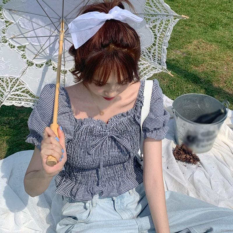 Áo kiểu cổ vuông tay phồng ngắn phối họa tiết sọc ca rô thời trang phong cách Hàn Quốc cho nữ | BigBuy360 - bigbuy360.vn