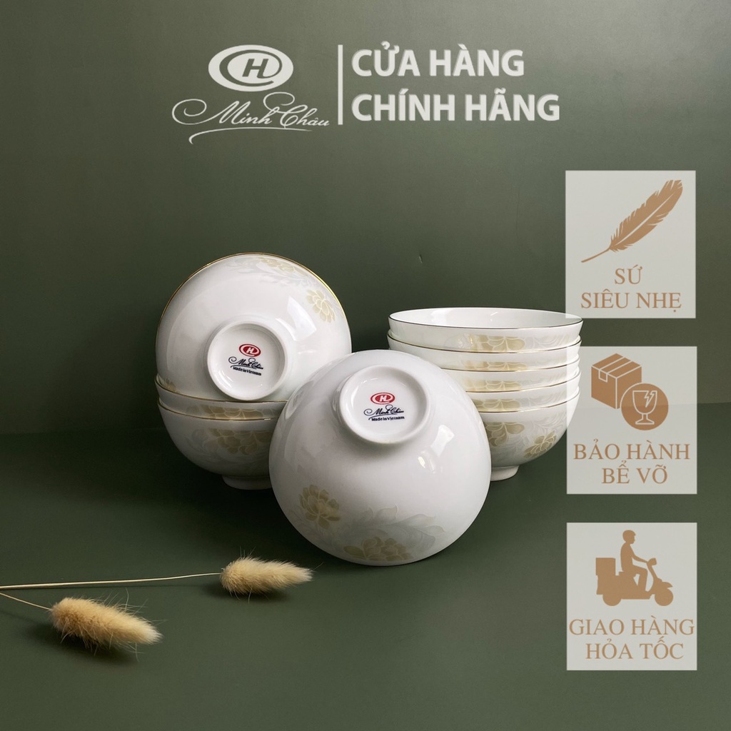 [Sứ Siêu Nhẹ] Bộ Bát Ăn Cơm Sứ Xương Hoa Kẻ Vàng - Sứ Minh Châu