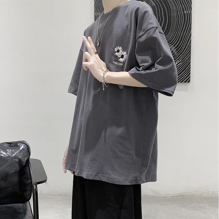 Áo thun tay ngắn cổ tròn có họa tiết thêu phong cách thời trang Hong Kong cho nam