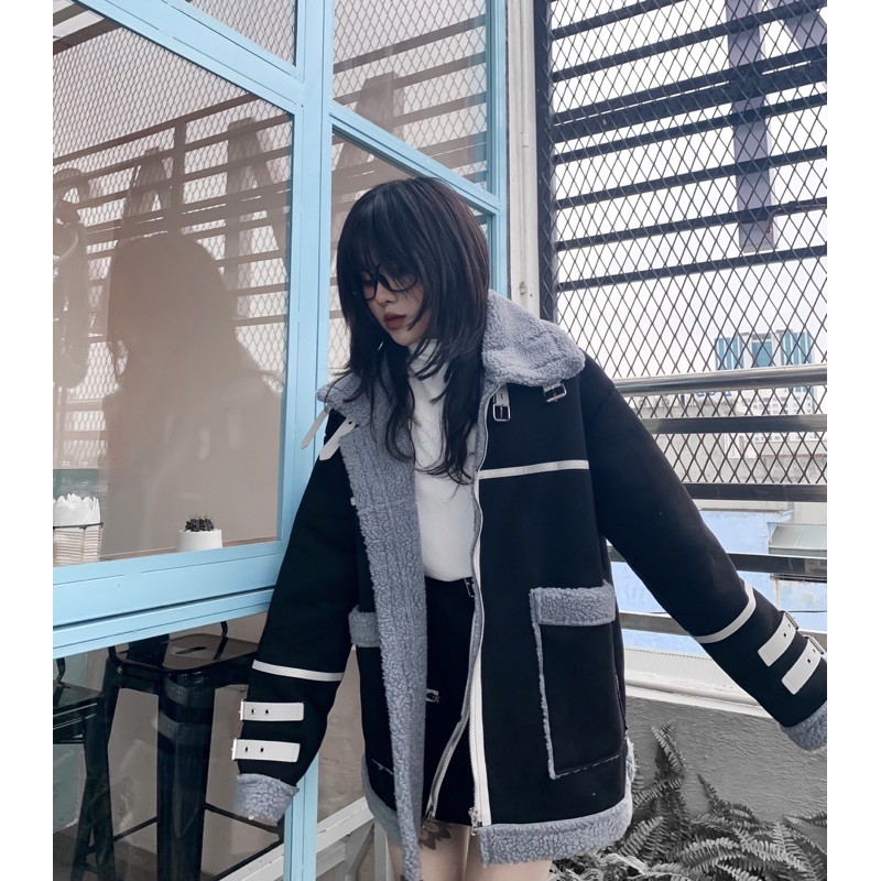 Áo khoác da lộn lót lông ấm phụ kiện dây cài cổ | BigBuy360 - bigbuy360.vn