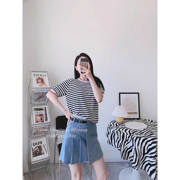 Chân váy jean bò xếp ly ulzzang kèm đai có bigsize kèm ảnh thật