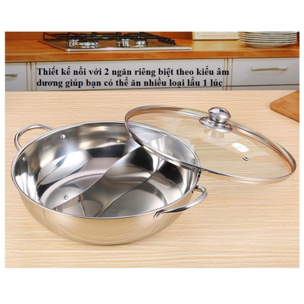 Bếp lẩu điện inox 2 ngăn 32cm, Nồi lẩu đa năng đồ dùng nhà bếp tiện lợi cho bếp từ và bếp gas ,,