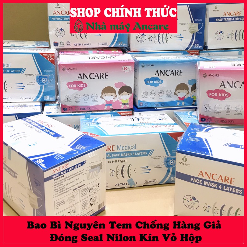 [Chính Hãng - FreeShip] Khẩu Trang Y Tế 4 Lớp Hộp 50 Cái Xuất Khẩu ANCARE. Vải Không Dệt Kháng Khuẩn Cao Cấp Xuất Khẩu