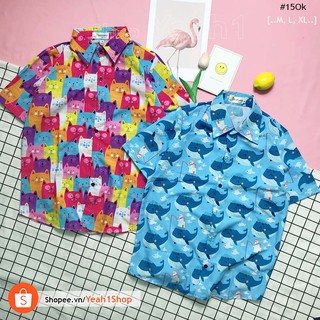 [Yeah1Shop]- Áo sơ mi hoạt hình mèo/cá voi (M,L,XL) (SMHH)
