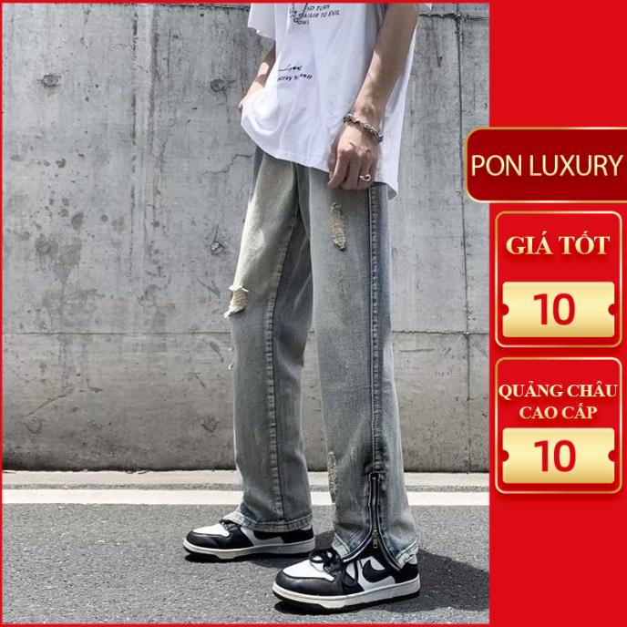 Quần jean ống suông rộng nam nữ unisex khóa zip ống rách gối màu xanh bạc nhạt đẹp mới hà nội hcm n222 ponluxury