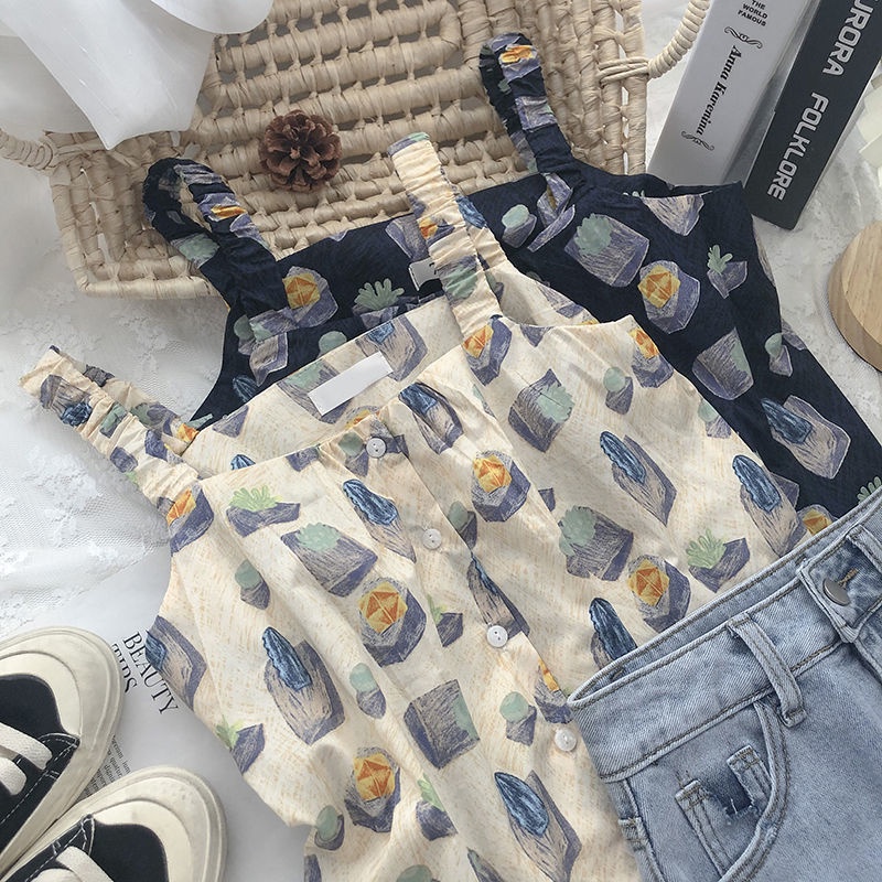 Áo Hai Dây In Họa Tiết Thời Trang Mùa Hè Hàn Quốc Mới Dễ Phối Đồ Cho Nữ