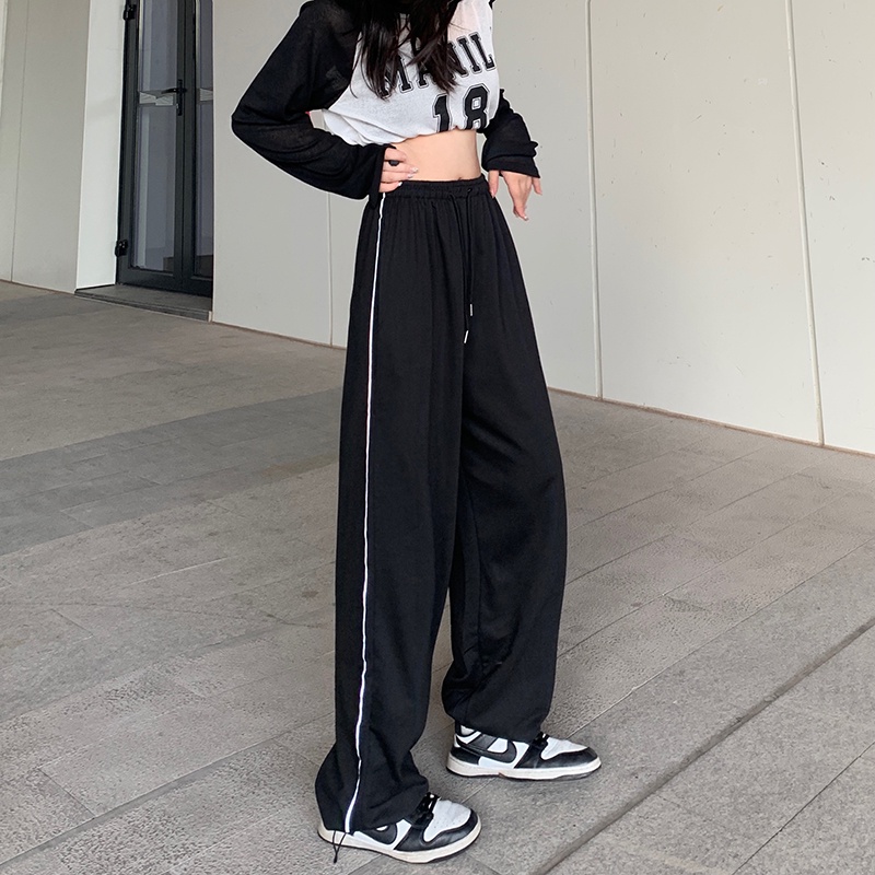 SUXI Quần ống rộng Dáng Suông Dây Rút Màu Đen Cá Tính Thời Trang Cho Nữ