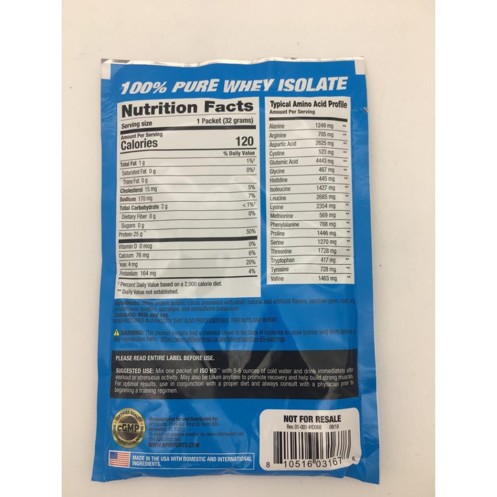 Gói thử Sample sữa tăng cơ bắp Bpi Iso HD 100% whey isolate 1 lần dùng (32gram)