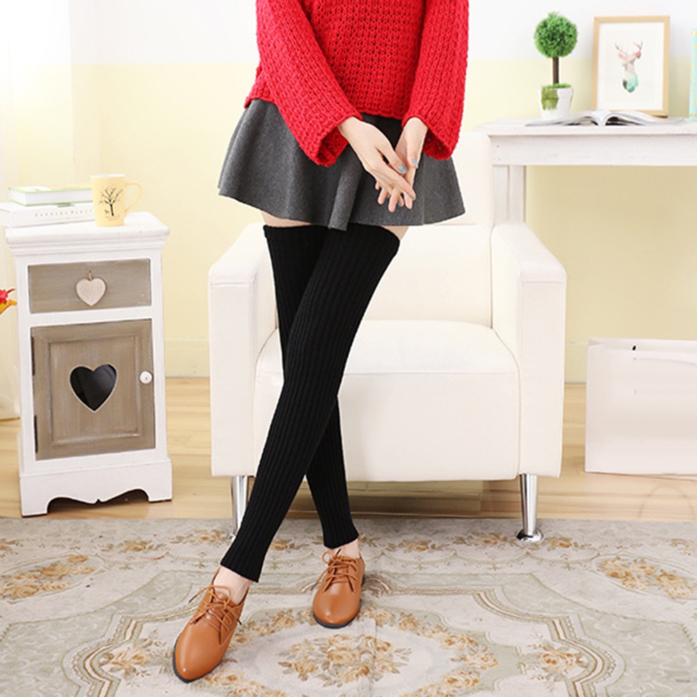 Tất dệt kim co giãn màu trơn giữ ấm phong cách mùa đông thời trang cho nữ