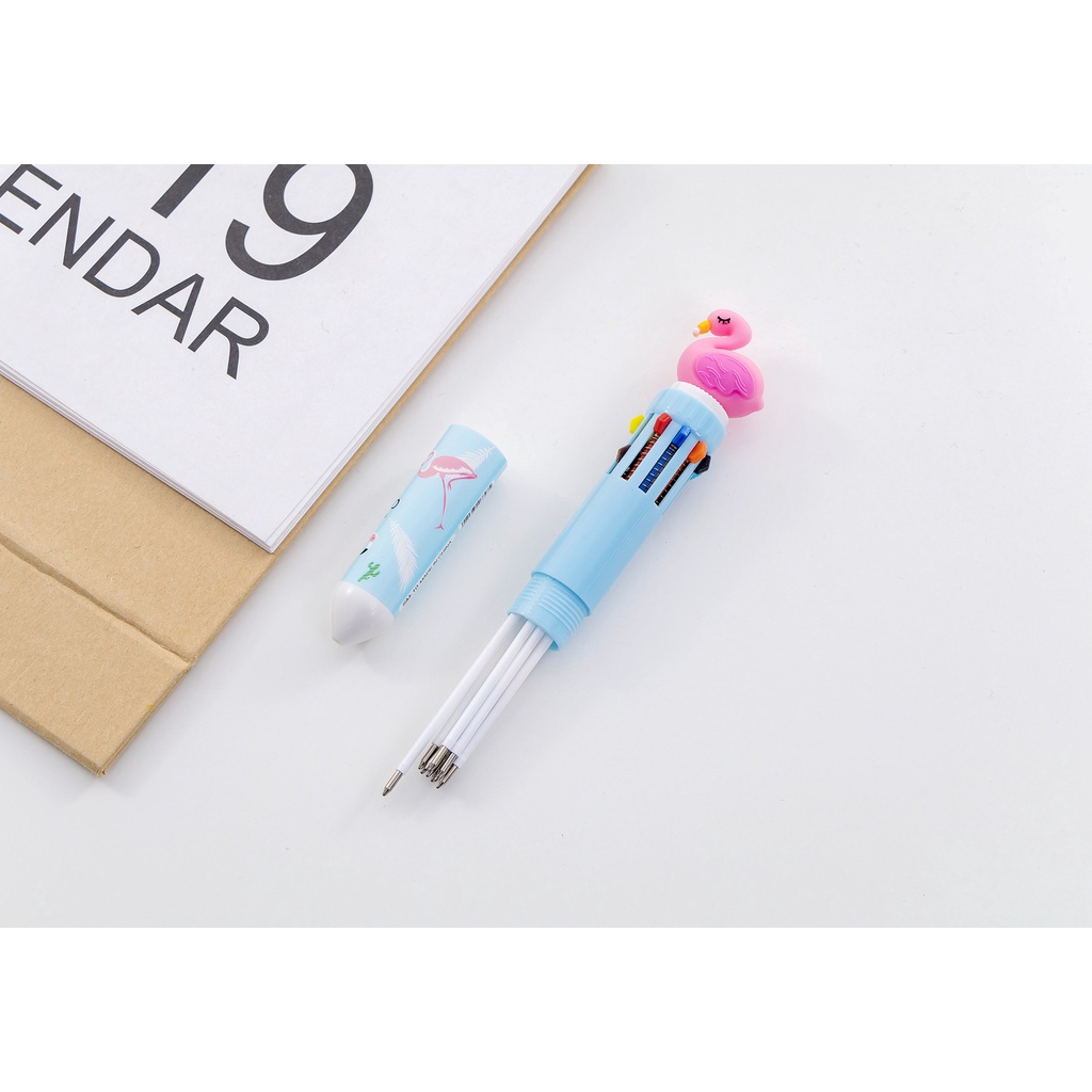 Bút bi bấm 10 màu đầu hình động vật dễ thương