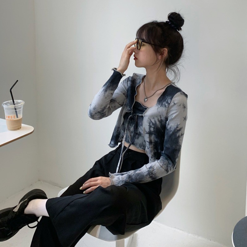 Áo kiểu nữ Cardigan Màu loang lổ Cá tính Ulzzang Hàn Quốc Áo kiểu nữ Phong các Cá tính Thời trang