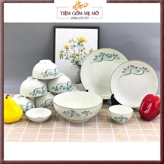 Bộ bát đĩa bộ tô chén dĩa men kem hoạ tiết sen xanh gốm sứ Bát Tràng