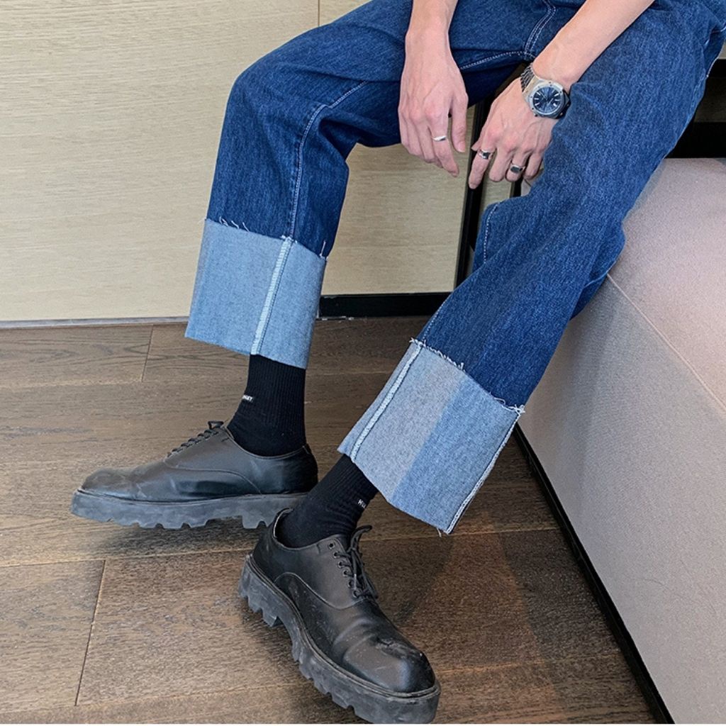 Quần ống rộng Tunoma quần bò ống suông sắn gấu unisex phong cách Hàn quốc QB01