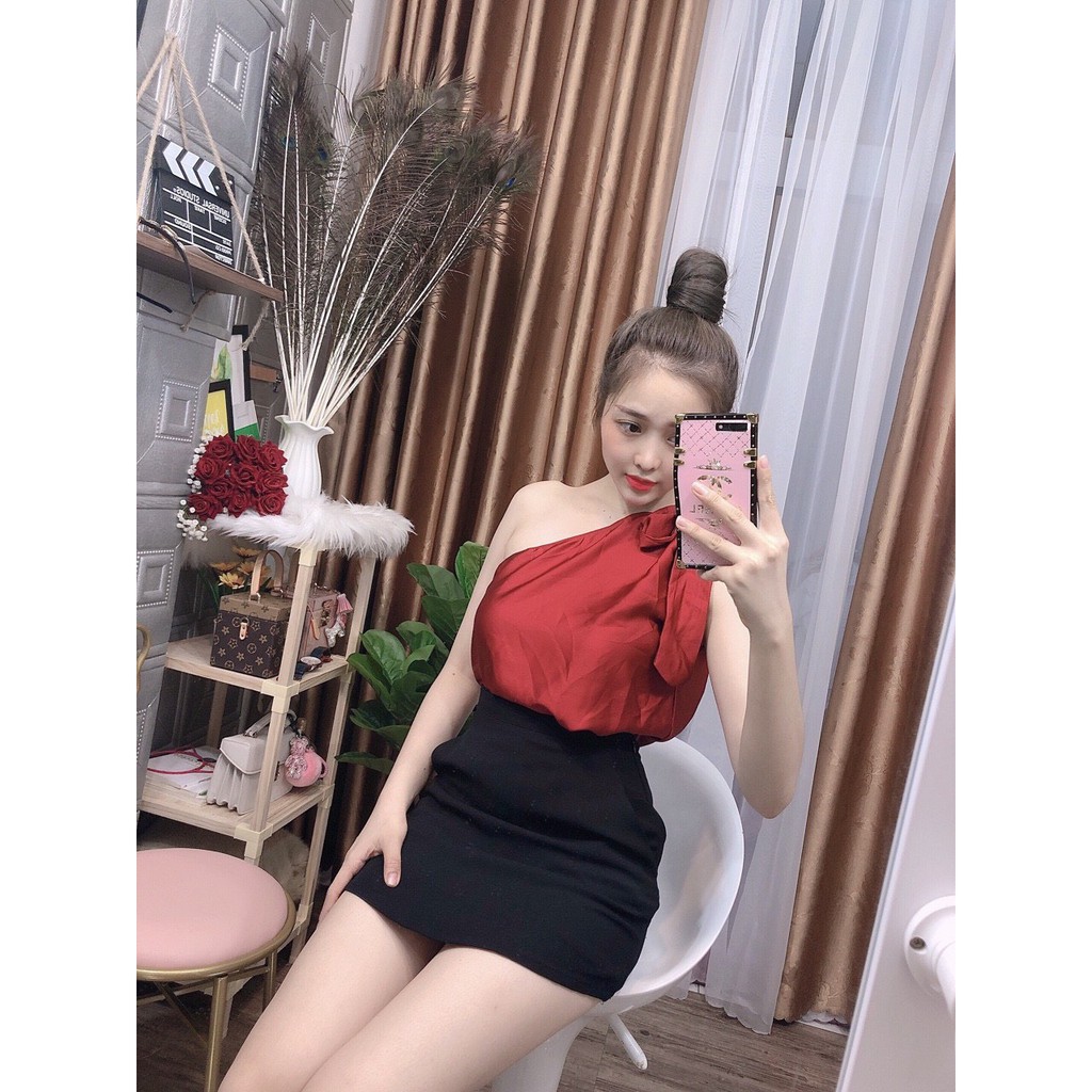 Áo phi lụa lệch nơ vai xinh hot hti