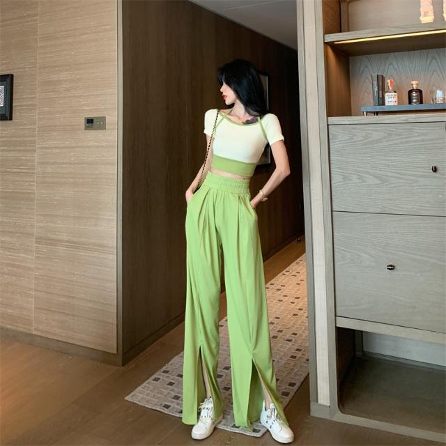 Bộ Áo Thun Trễ Vai + Quần Ống Rộng Lưng Cao Thời Trang Mùa Hè Cho Nữ