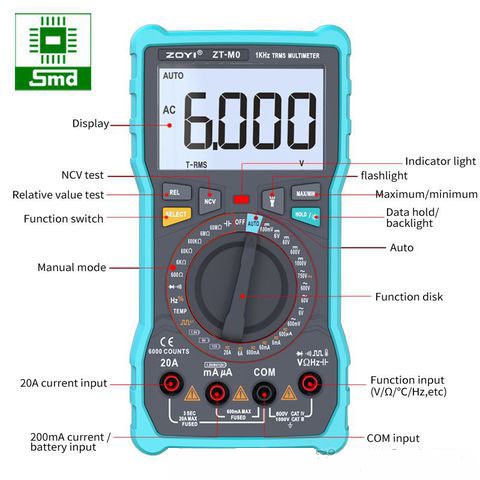 Đồng hồ đo vạn năng ZOYI ZT-M0 đo nhiệt độ, tần số, điện áp và dòng điện AC và DC, kiểm tra điện âm tường