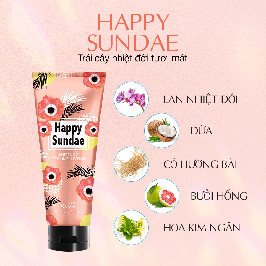 Dưỡng Thể Nước Hoa Sáng Da Hương Happy Sundae Malissa Kiss Whitening Perfume Body Lotion 226 gr