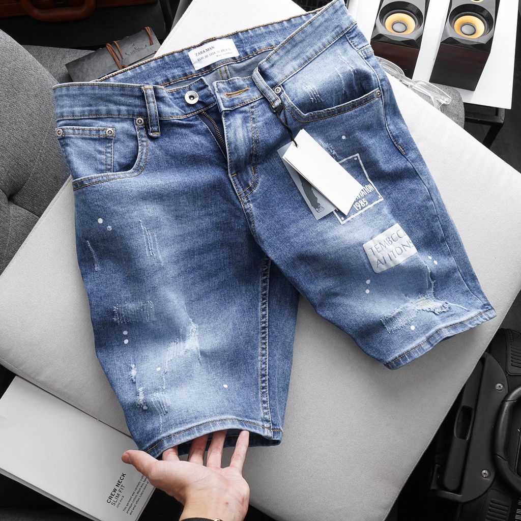 Quần Short Jean Bigsize nam màu xanh họa tiết chất bò jean co giãn slim ôm nhẹ xuất xịn