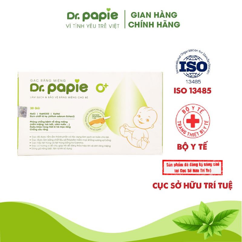 Gạc rơ lưỡi Dr Papie - Tăng cường bảo vệ lưỡi, nướu, răng, miệng cho bé (Hộp 30 gói)