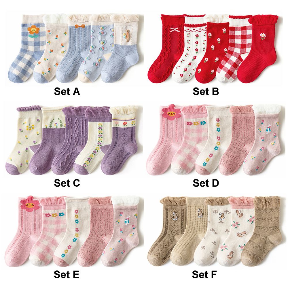 Bộ 5 đôi vớ cotton mềm in họa tiết hoạt hình dễ thương thời trang thu đông cho bé gái từ 0-12 tuổi